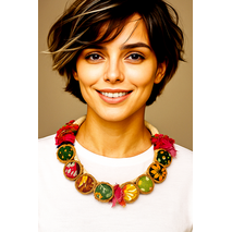 Χειροποίητο boho κολιέ Loom-Wool με πολύχρωμα υφασμάτινα μοτίβα και λουλούδια