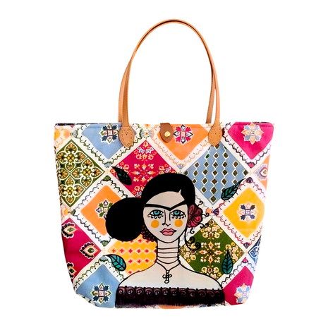 «Καμβάς tote bag ζωγραφισμένη στο χέρι με boho πορτρέτο και γεωμετρικά μοτίβα»